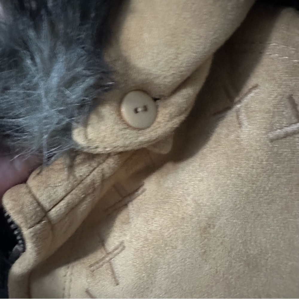Coldwater Creek Wolf Faux Suede Coat Tan Fur Hooded Jacket Small Western Chic - Picture 7 of 11